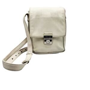 Vintage Perlina New York Off White Leather Pushlock Adjustable Crossbody Bag